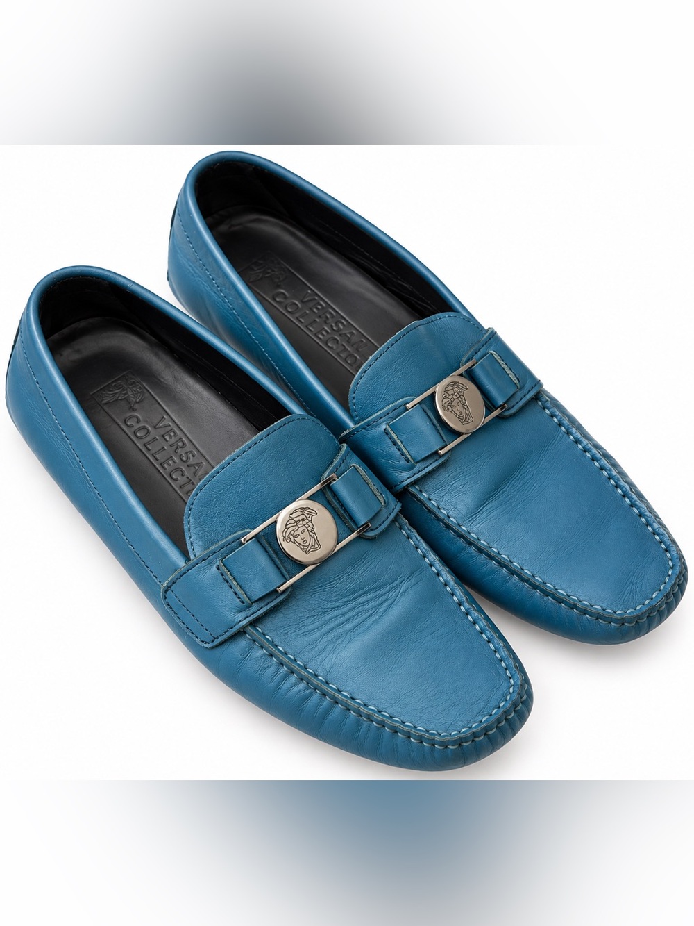 Versace Collection Blue Leather Medusa Driver Loafers